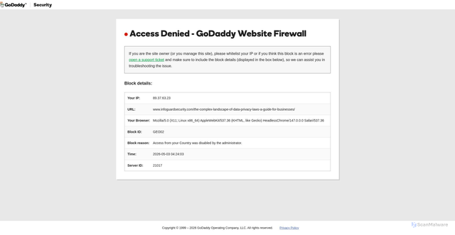 Security scan screenshot of https://www.infoguardsecurity.com/the-complex-landscape-of-data-privacy-laws-a-guide-for-businesses/