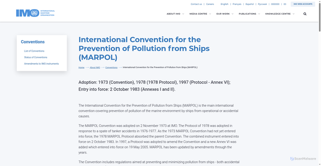 Security scan screenshot of https://www.imo.org/en/about/conventions/pages/international-convention-for-the-prevention-of-pollution-from-ships-(marpol).aspx