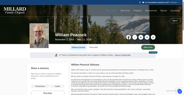 Security scan screenshot of https://www.millardfamilychapels.com/obituaries/William-Peacock?obId=48364836