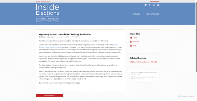 Security scan screenshot of http://www.insideelections.com/news/article/wyoming-senate-cynthia-lummis-not-seeking-reelection-retirement