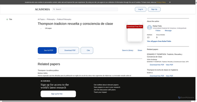 Security scan screenshot of https://www.academia.edu/5788919/Thompson_tradicion_revuelta_y_consciencia_de_clase