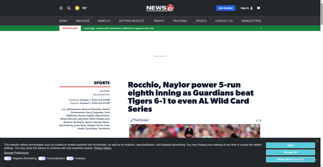 Security scan screenshot of https://www.clickorlando.com/sports/2025/10/01/rocchio-naylor-power-5-run-eighth-inning-as-guardians-beat-tigers-6-1-to-even-al-wild-card-series/