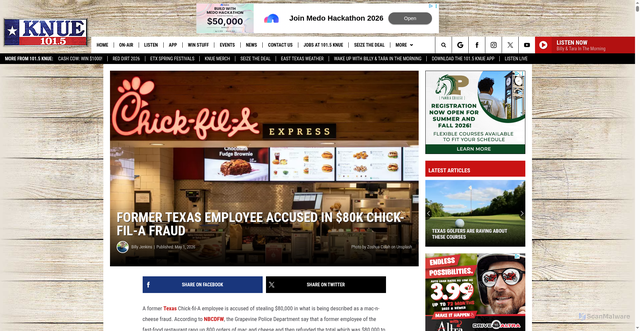 Security scan screenshot of https://knue.com/texas-chickfila-fraud-80000/