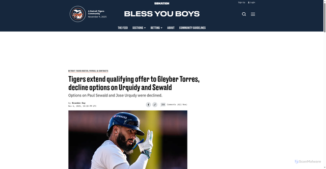 Security scan screenshot of https://www.blessyouboys.com/detroit-tigers-roster-contracts-options/83498/detroit-tigers-news-gleyber-torres-jose-urquidy-jackson-jobe-jack-little-paul-sewald-roster-contract