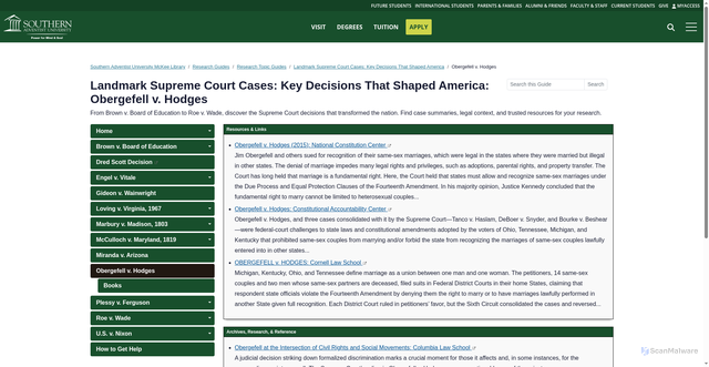 Security scan screenshot of https://southern.libguides.com/supremecourtdecisions/obergefell
