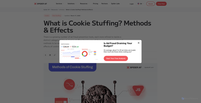 Security scan screenshot of https://spideraf.com/articles/common-methods-of-cookie-stuffing-fraud