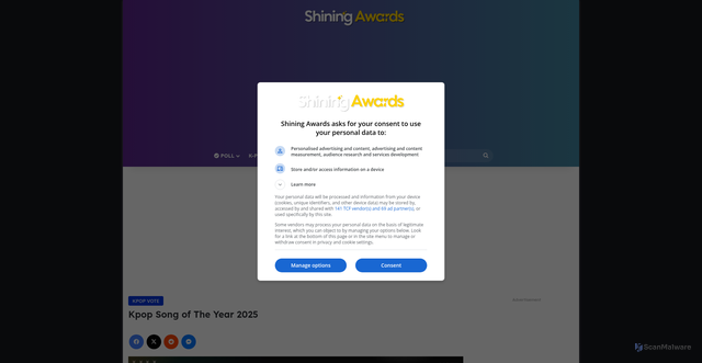 Security scan screenshot of https://shiningawards.com/kpop-song-of-the-year-2025/