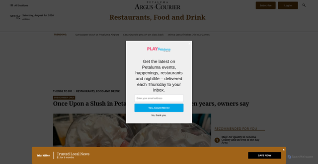 Security scan screenshot of https://www.petalumanews.com/2026/07/27/owners-of-petalumas-once-upon-a-slush-announce-closure-by-end-of-august/
