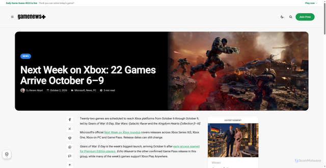 Security scan screenshot of https://gamenewsplus.net/news/next-week-on-xbox-22-games-arrive-october-6-9-39070/