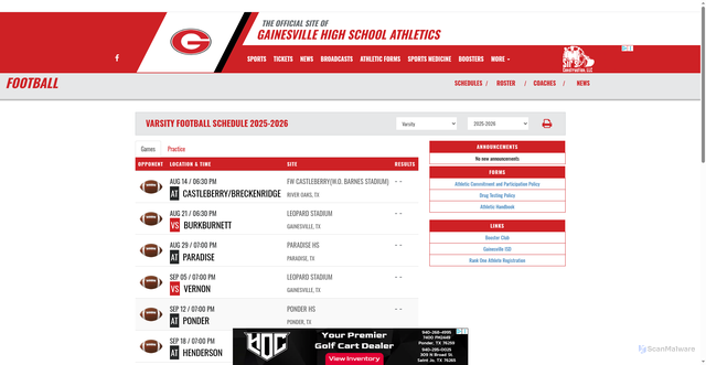 Security scan screenshot of https://www.gainesvilleleopards.org/sport/football/boys/