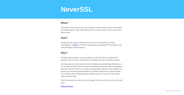 Security scan screenshot of http://neverssl.com/