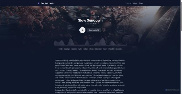 Security scan screenshot of https://freesafemusic.pages.dev/tracks/slow-sundown/