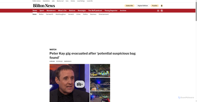 Security scan screenshot of https://www.theboltonnews.co.uk/news/26073522.peter-kay-gig-evacuated-potential-suspicious-bag-found/