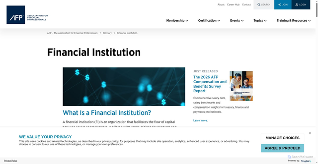 Security scan screenshot of https://www.financialprofessionals.org/glossary/financial-institution
