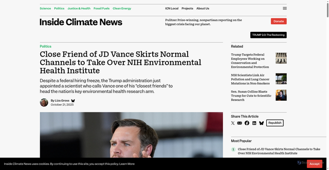 Security scan screenshot of https://insideclimatenews.org/news/21102025/jd-vance-friend-kyle-walsh-takes-over-nih-environmental-health/