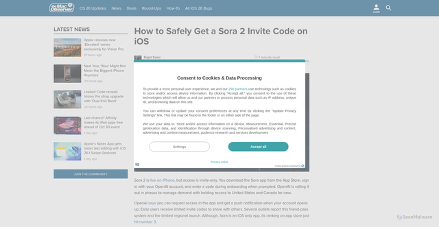 Security scan screenshot of https://www.macobserver.com/news/how-to-safely-get-a-sora-2-invite-code-on-ios/
