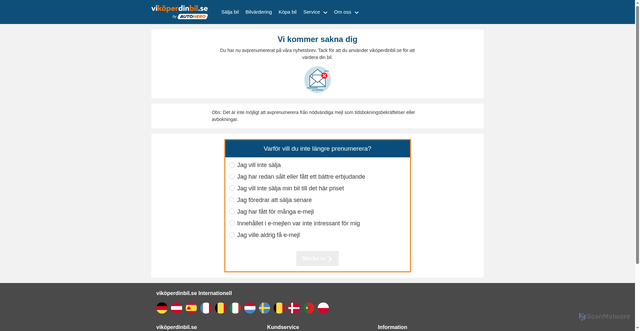 Security scan screenshot of https://www.vikoperdinbil.se/unsubscribe-me/40160a47-0db4-4485-b51d-db191a519bc4/?MID=SE_CRM_1_0_0_0_914609893798_99&tms=1780885116&utm_source=CRM&utm_medium=email&utm_campaign=999_999