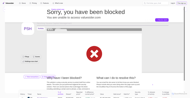 Security scan screenshot of https://valuesider.com/guru/bill-ackman-pershing-square-capital-management/portfolio