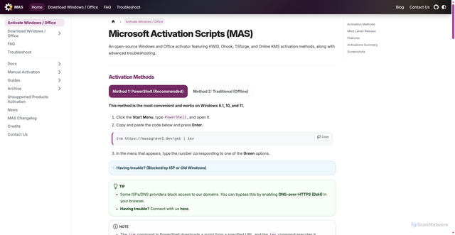 Security scan screenshot of https://massgravel.dev/get
