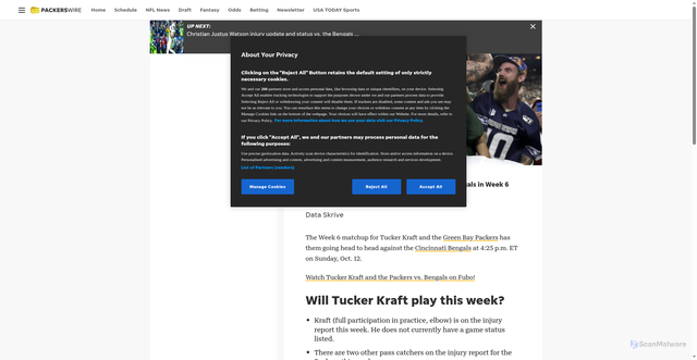 Security scan screenshot of https://packerswire.usatoday.com/story/sports/nfl/packers/2025/10/09/tucker-kraft-nfl-week-6-injury-update-10-12-2025/86612399007/