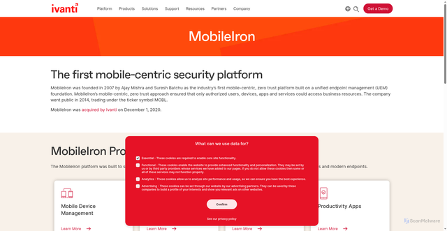 Security scan screenshot of https://www.mobileiron.com