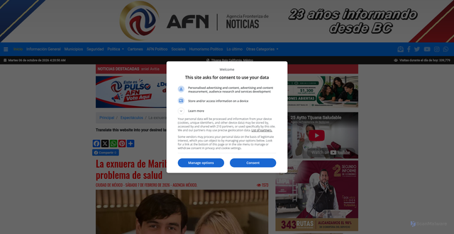 Security scan screenshot of https://afntijuana.info/espectaculos/173384_la_exnuera_de_maribel_guardia_enfrenta_problema_de_salud