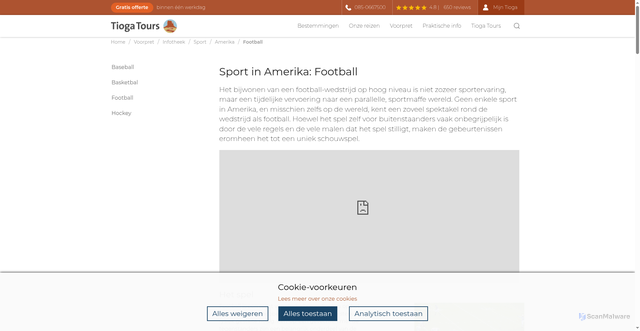 Security scan screenshot of https://tiogatours.nl/voorpret/infotheek/sport/amerika/football/