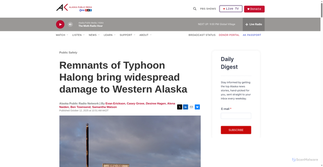 Security scan screenshot of https://alaskapublic.org/news/public-safety/2025-10-12/live-updates-a-major-storm-is-bringing-dangerous-flooding-and-hurricane-force-winds-to-western-alaska
