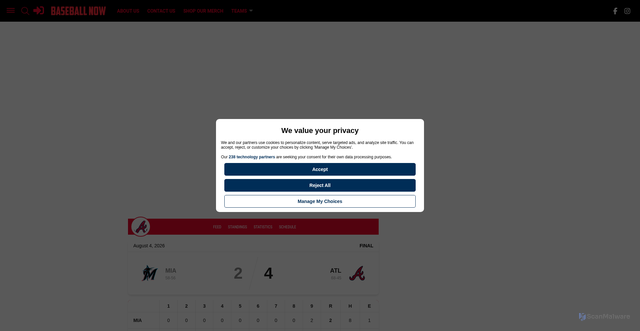 Security scan screenshot of https://www.baseballnow.com/team/atlanta-braves/scores/atlanta-braves-vs-miami-marlins-2026-08-04