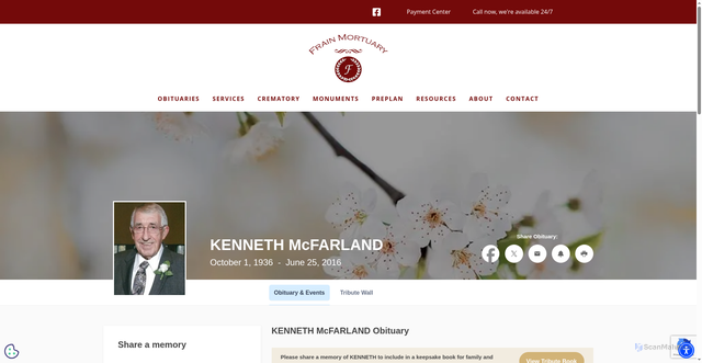 Security scan screenshot of https://www.frainmortuary.com/obituaries/KENNETH-McFARLAND?obId=29974235