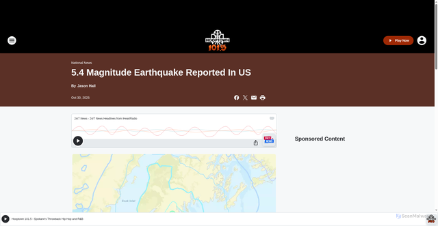 Security scan screenshot of https://hooptown1015.iheart.com/content/2025-10-30-54-magnitude-earthquake-reported-in-us/