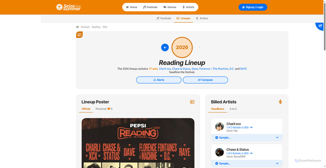 Security scan screenshot of https://festnav.com/festival-lineup/reading-2026/