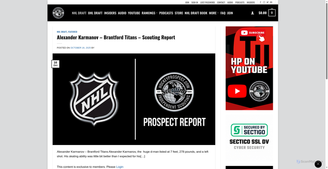 Security scan screenshot of https://hockeyprospect.com/alexander-karmanov-brantford-titans-scouting-report/