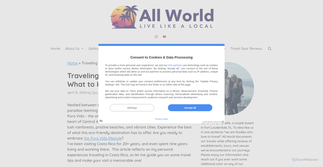 Security scan screenshot of https://www.allworld.com/costa-rica-travel-guide/
