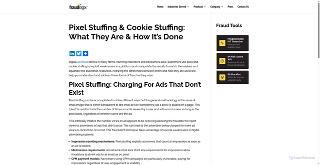 Security scan screenshot of https://www.fraudlogix.com/blog/ad-fraud-101-understanding-the-differences-between-pixel-stuffing-and-cookie-stuffing/