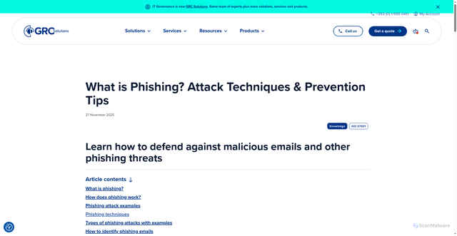 Security scan screenshot of https://grcsolutions.io/phishing/