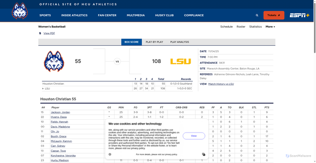 Security scan screenshot of https://hcuhuskies.com/boxscore.aspx?id=6375