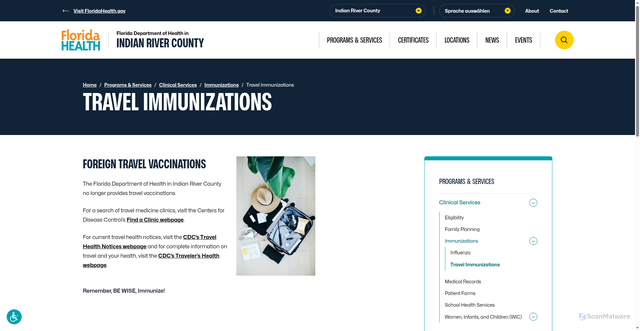 Security scan screenshot of https://indianriver.floridahealth.gov/programs-and-services/clinical-services/immunizations/travel-immunizations/
