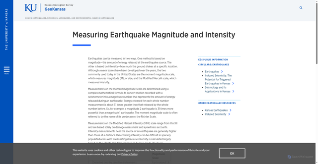 Security scan screenshot of https://geokansas.ku.edu/measuring-earthquake-magnitude-and-intensity