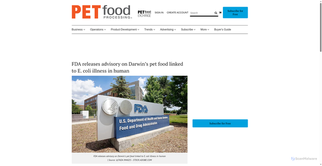 Security scan screenshot of https://www.petfoodprocessing.net/articles/19515-fda-releases-advisory-on-darwins-pet-food-linked-to-e-coli-illness-in-human