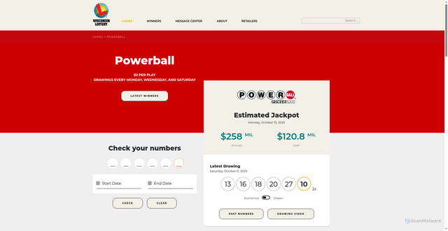 Security scan screenshot of https://wilottery.com/games/powerball