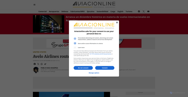Security scan screenshot of https://www.aviacionline.com/avelo-airlines-routes-and-frequencies