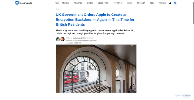 Security scan screenshot of https://www.cloudwards.net/news/uk-government-orders-apple-to-create-an-encryption-backdoor-again-this-time-for-british-residents/