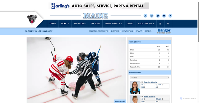 Security scan screenshot of https://goblackbears.com/news/2025/10/3/womens-ice-hockey-maine-shut-out-by-1-wisconsin-5-0.aspx