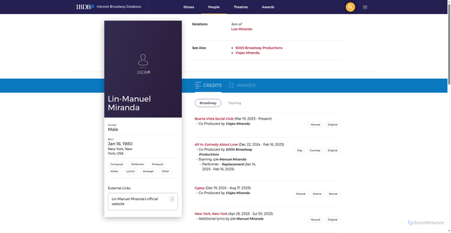 Security scan screenshot of https://www.ibdb.com/broadway-cast-staff/lin-manuel-miranda-459893