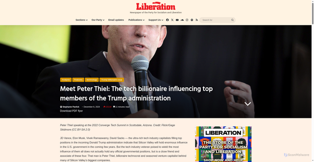 Security scan screenshot of https://liberationnews.org/peter-thiel-tech-billionaire-influencing-top-members-trump-administration/