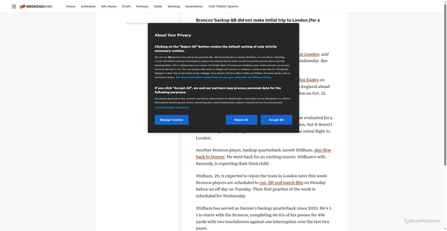 Security scan screenshot of https://broncoswire.usatoday.com/story/sports/nfl/broncos/2025/10/06/broncos-news-jarrett-stidham-london-wife-baby/86546381007/