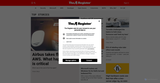 Security scan screenshot of https://theregister.com