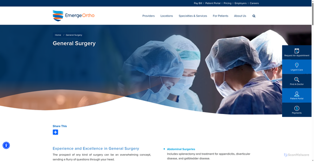 Security scan screenshot of https://emergeortho.com/specialties/general-surgery/