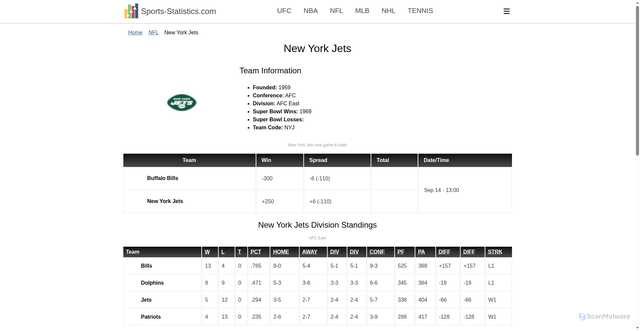 Security scan screenshot of https://sports-statistics.com/nfl/teams/new-york-jets/